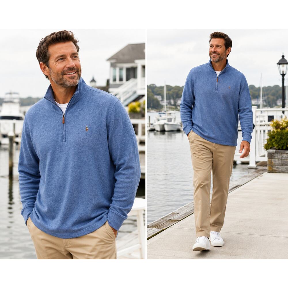 VTG Polo Ralph Lauren Men’s 2XLT Blue Quarter Zip Pullover Sweater Estate Rib